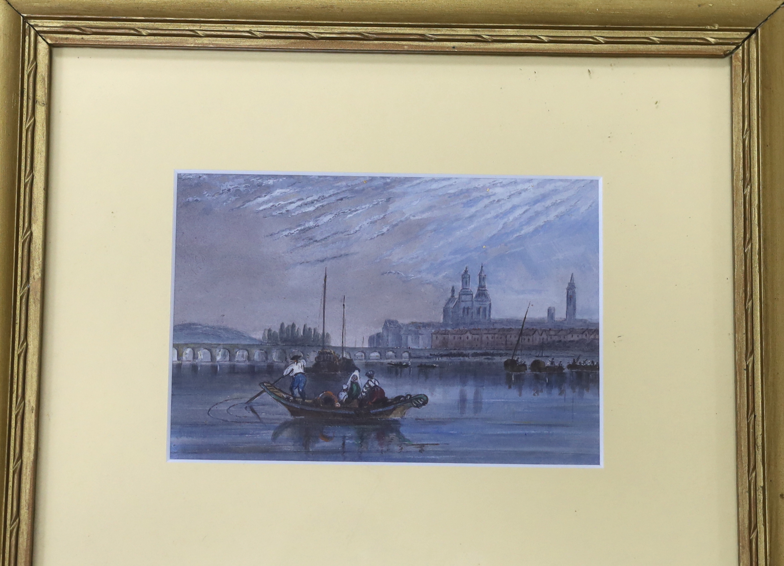 Lawrence Van Ackerman, pair of oils, Moonlit river landscapes, together with a pair of Grand Tour watercolours, a small oil on board, Coastal view and a print of a lady, largest 10 x 15cm (6)